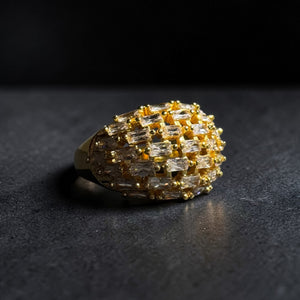 Gold stainless steel adjustable baguette zircon cocktail statement ring for women Aura Collection