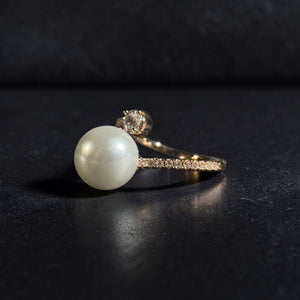 Gold stainless steel adjustable pearl zircon elegant ring for women Aura Collection