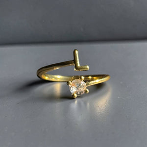 Gold stainless steel adjustable alphabet initial zircon ring for women personalized jewellery Aura Collection