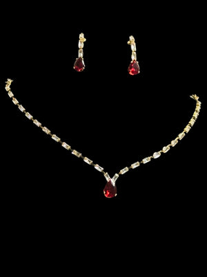 Gold crystal necklace and earrings set with red teardrop pendant for women