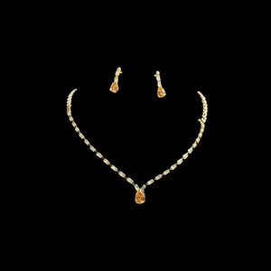 Gold crystal necklace and earrings set with champagne teardrop pendant