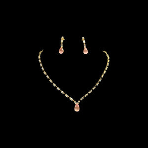 Gold crystal necklace and earrings set with pink teardrop pendant