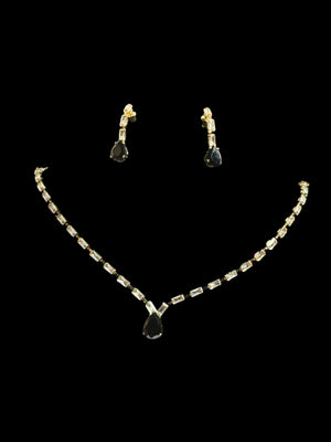Gold crystal necklace and earrings set with black teardrop pendant