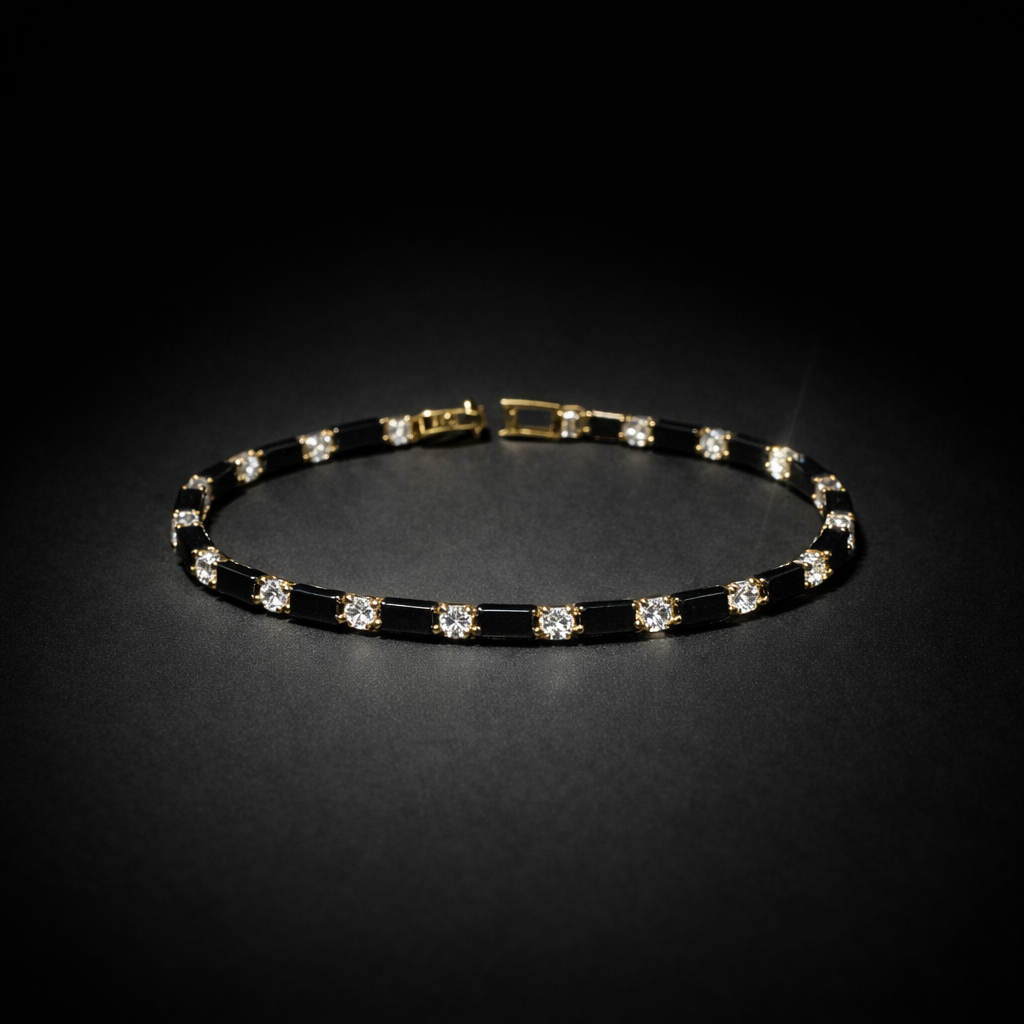 Black emerald-cut crystal tennis bracelet with round crystal accents