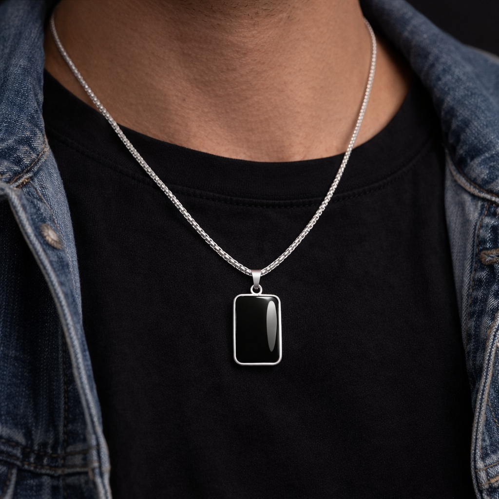 Men’s Black Stone Pendant Necklace – Silver Chain Minimal Rectangle Pendant