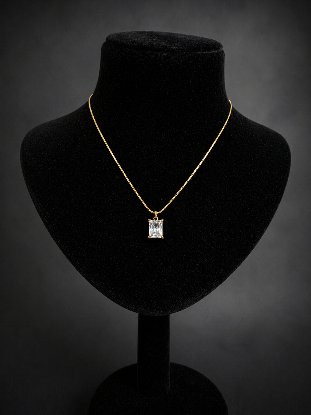 Gold Solitaire Necklace – Rectangular Crystal Pendant Necklace for Women