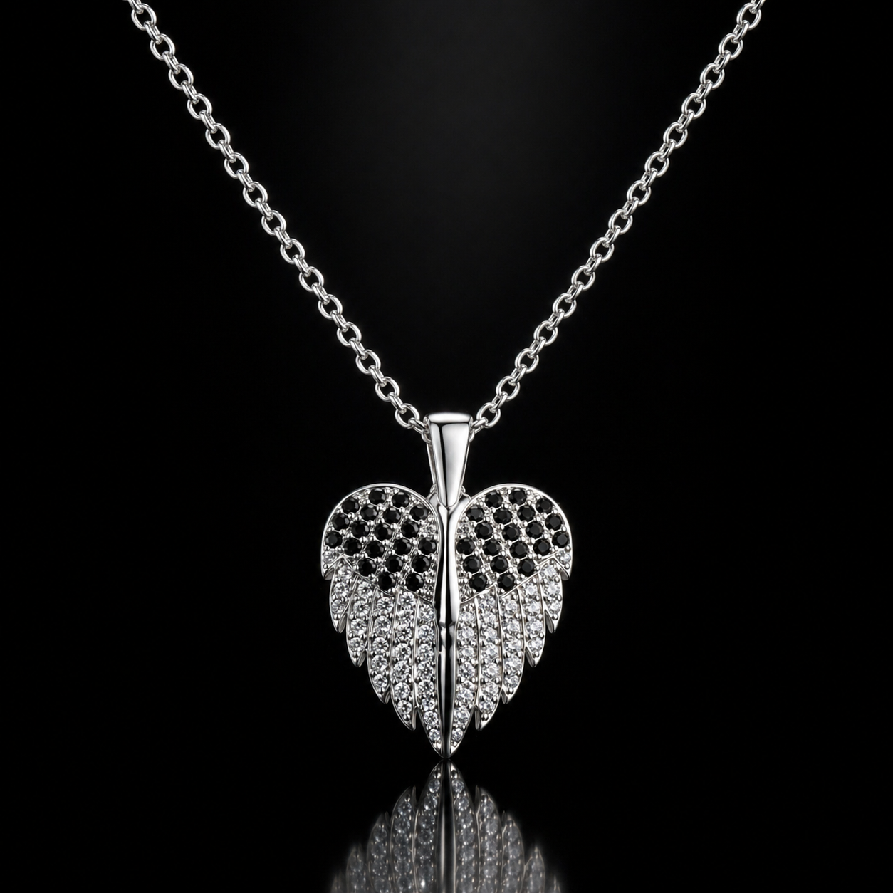 Silver Angel Wing Necklace – Black & White Crystal Pendant Necklace for Women