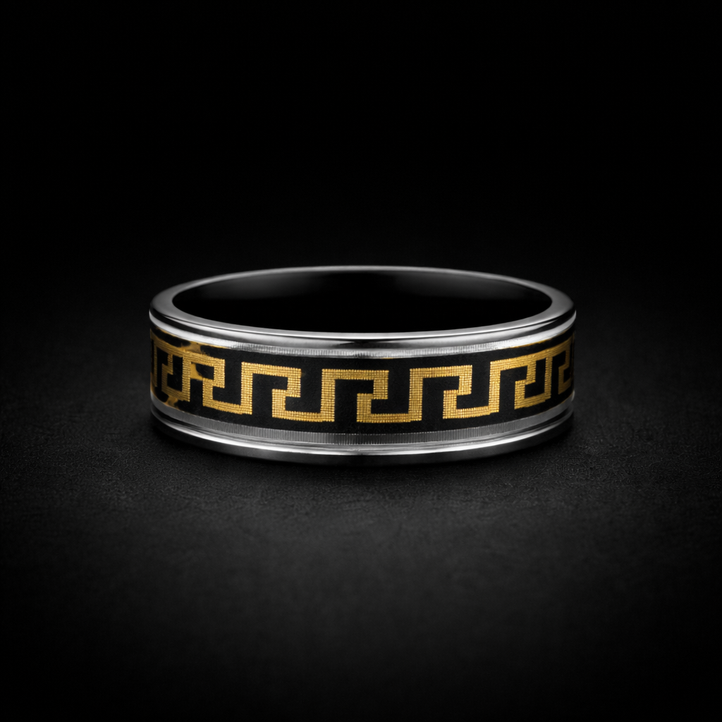 Men’s Greek Key Ring – Black & Gold Pattern Stainless Steel Band Ring