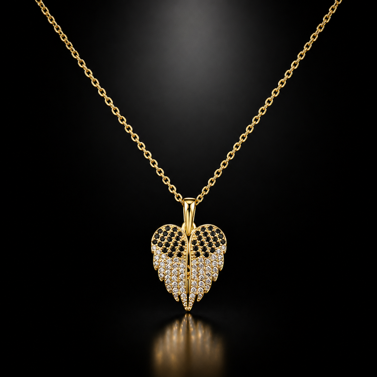 Gold Angel Wing Pendant Necklace – Black & White Crystal Elegant Necklace for Women