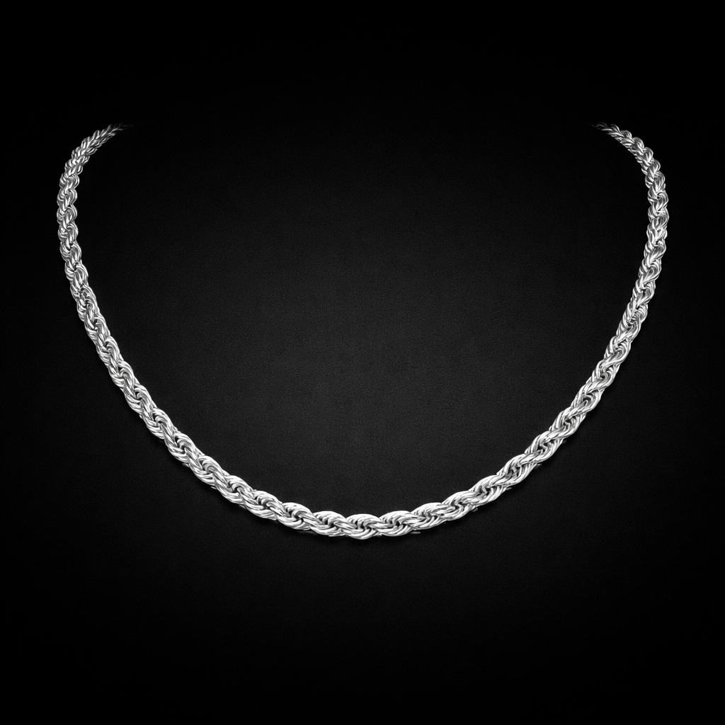 Men’s silver rope chain necklace with twisted design on dark background