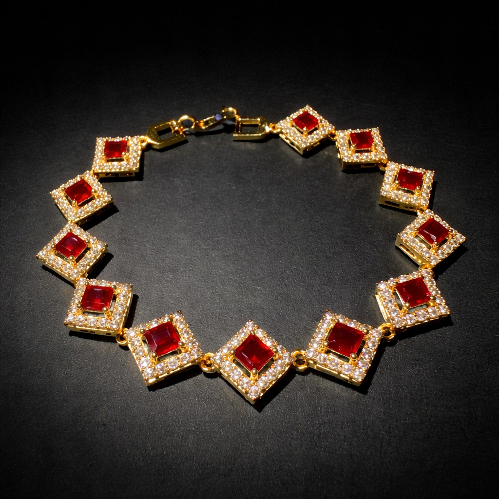 Gold square link bracelet with ruby red crystals and halo design luxury women jewellery