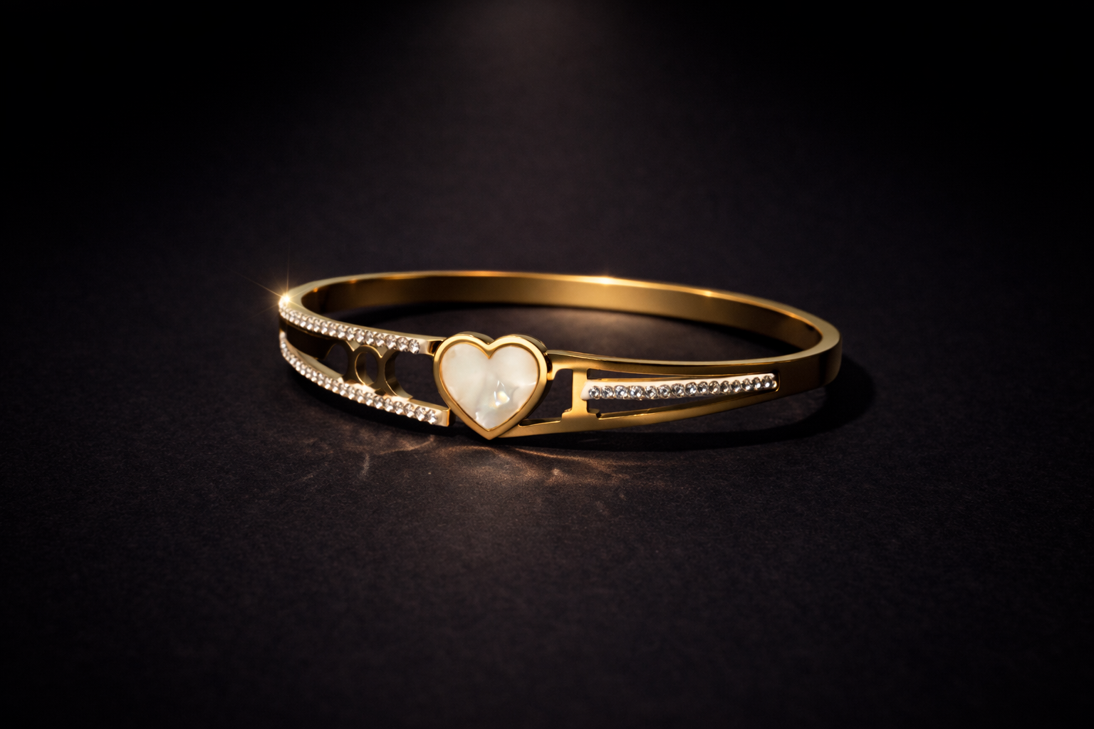 Gold heart crystal bangle bracelet with mother of pearl center for women luxury jewellery