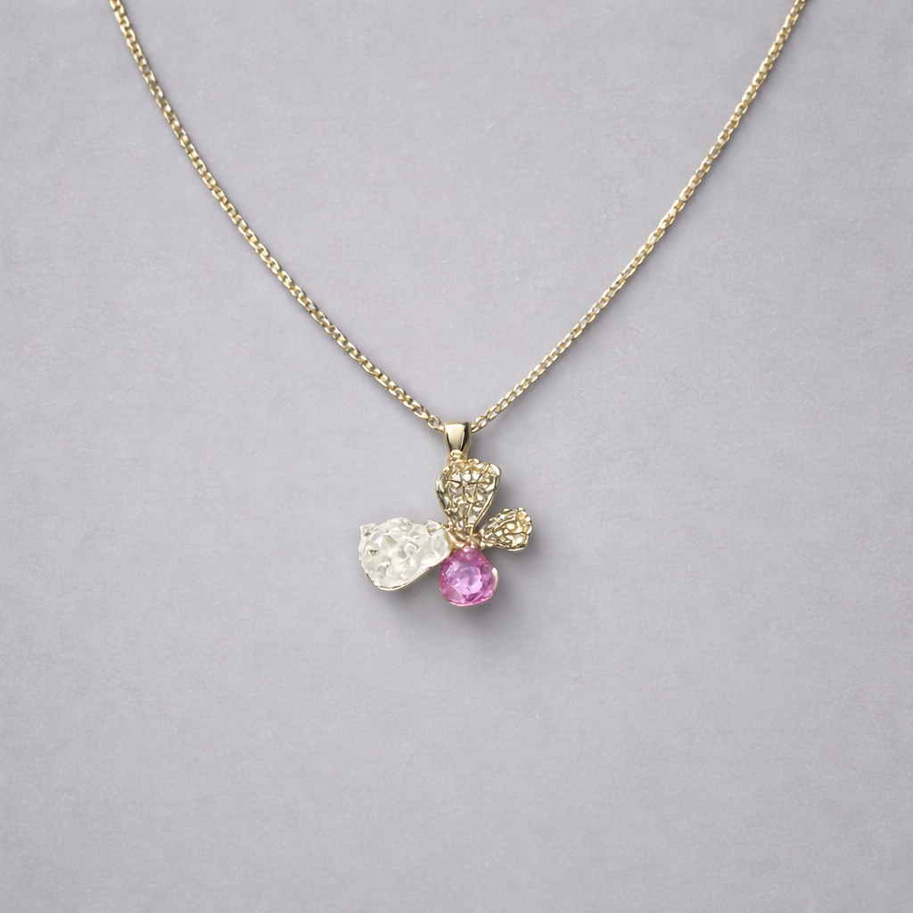 Gold butterfly pendant necklace with pink and clear crystal drop stones elegant women jewellery Aura Collection