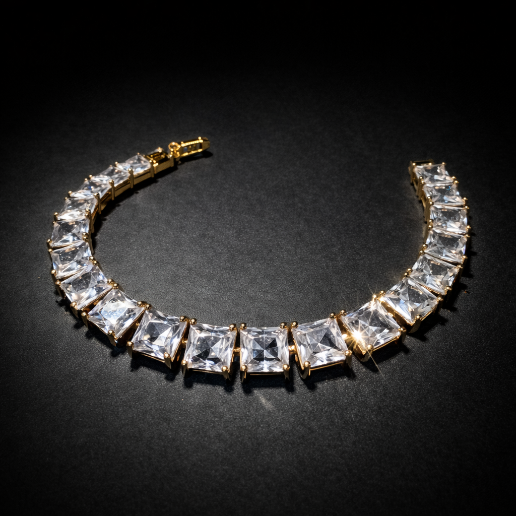 Gold princess cut tennis bracelet with clear stones luxury women jewellery