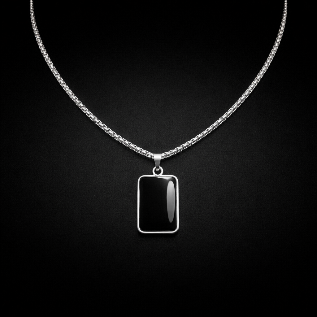 Men’s Black Stone Pendant Necklace – Silver Chain Minimal Rectangle Pendant