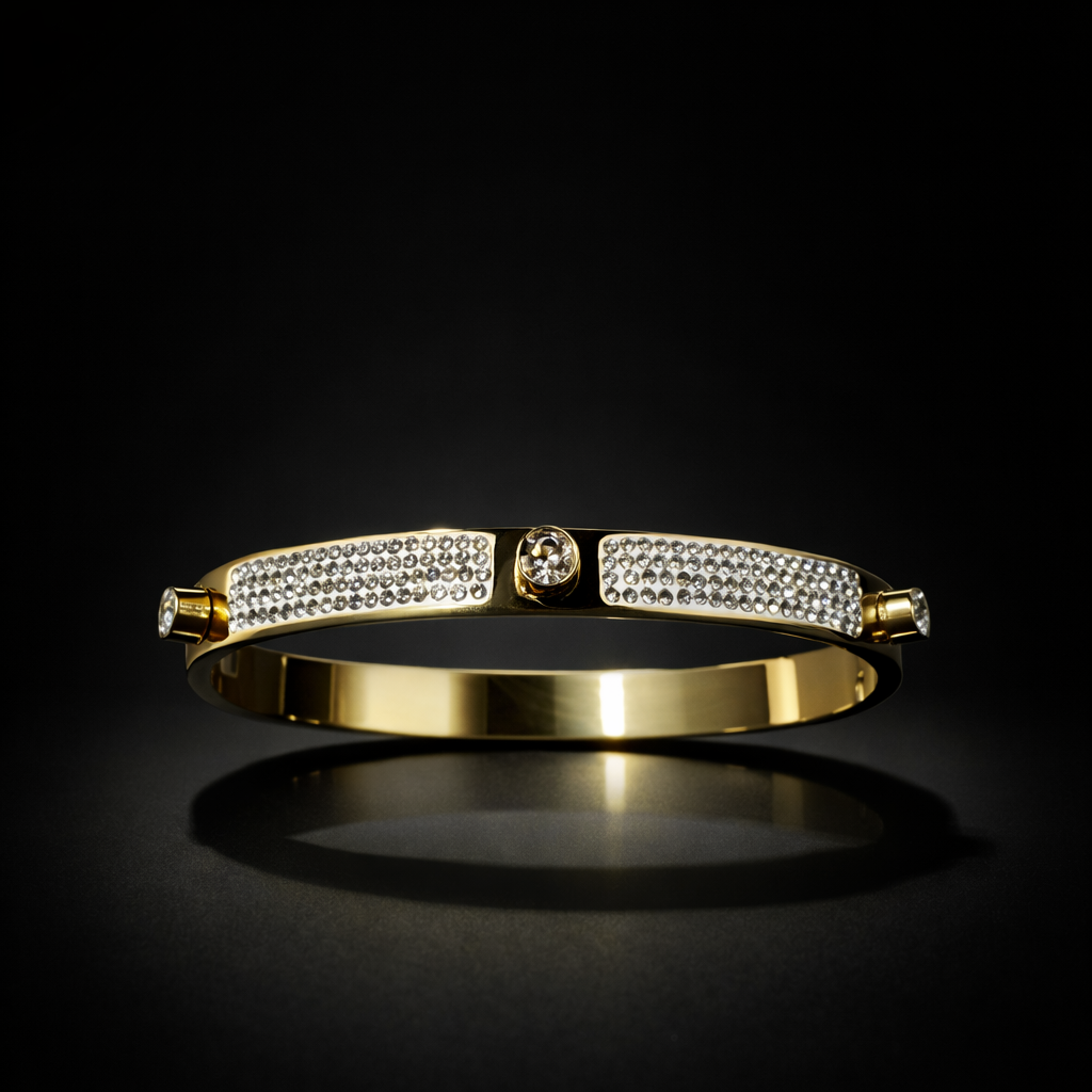 Gold structured bangle with double pavé crystal bars and center round stone luxury bracelet for women