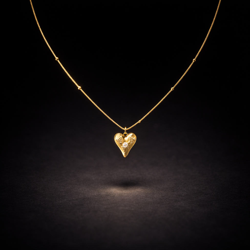 Gold necklace with heart-shaped pendant and crystal detail on delicate beaded chain