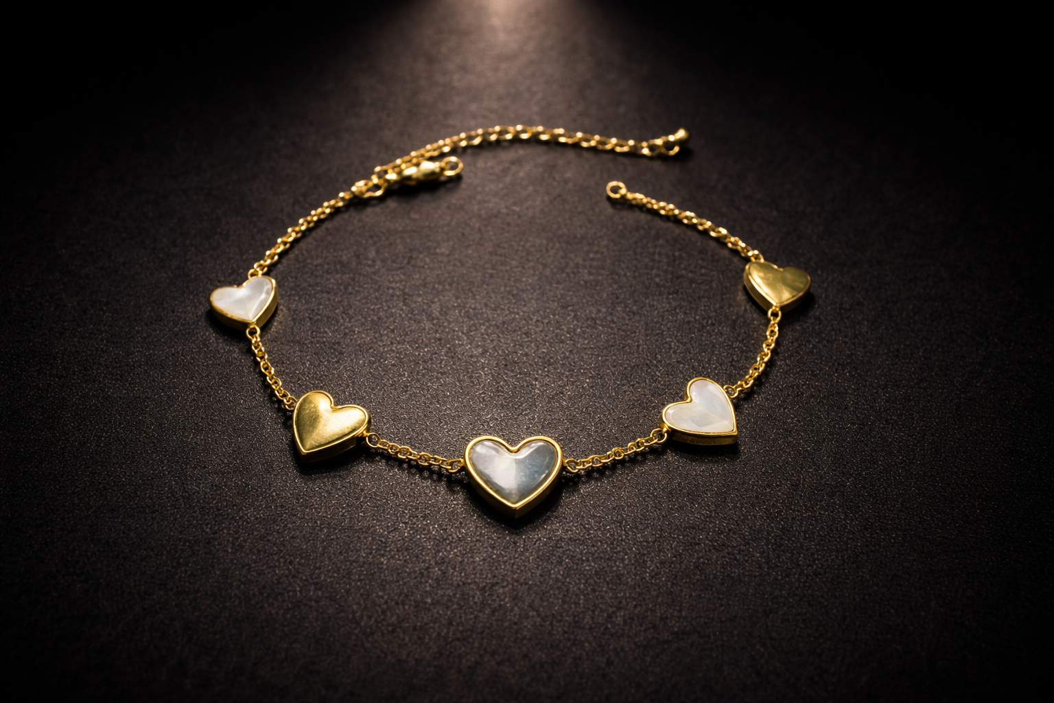 Gold heart bracelet with mother of pearl charms adjustable women jewellery