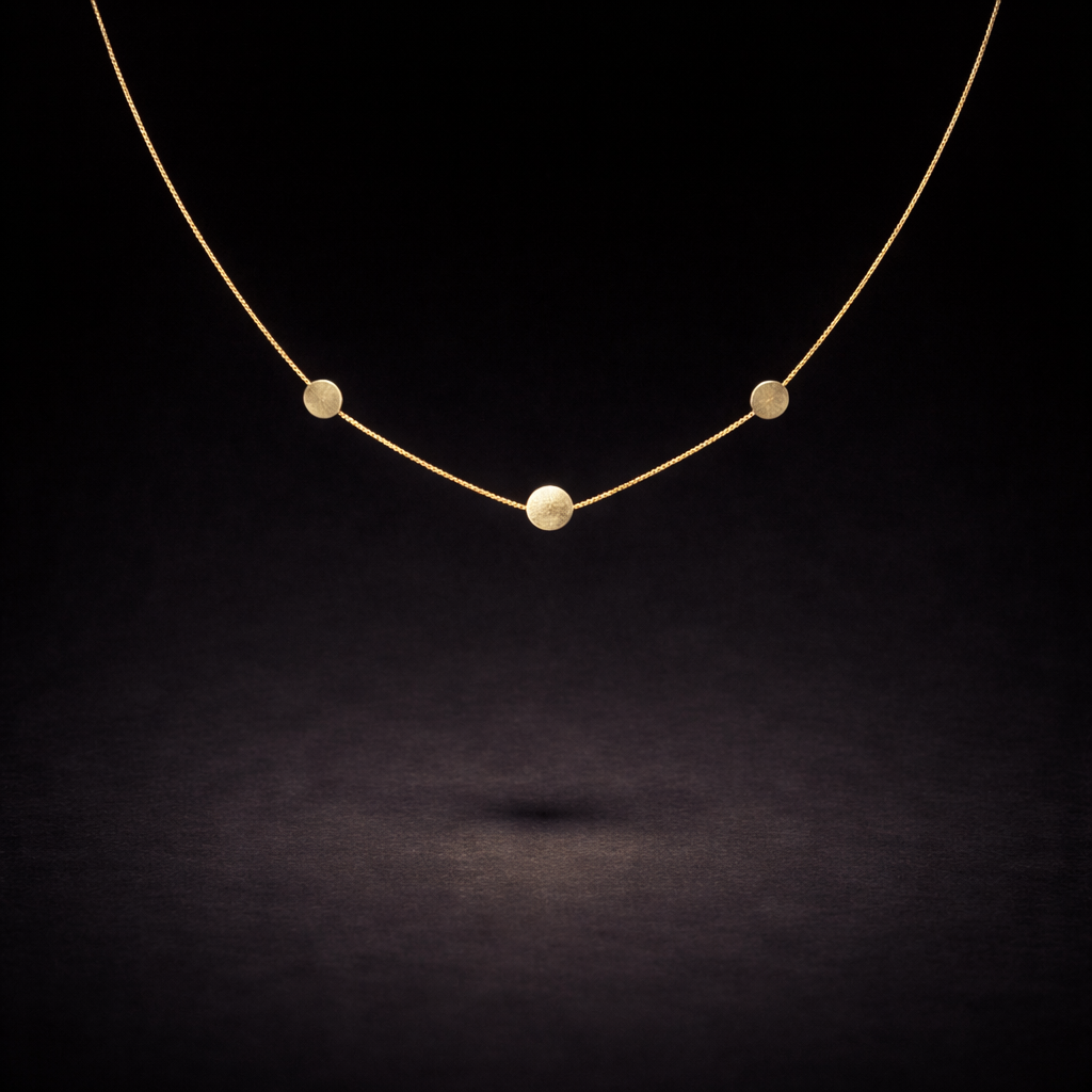 Minimal gold necklace with three circular disc accents on delicate chain