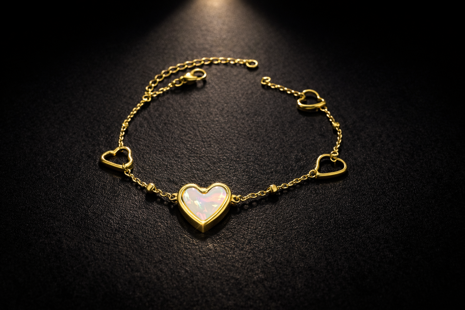Gold bracelet with iridescent opal heart charm and open heart accents
