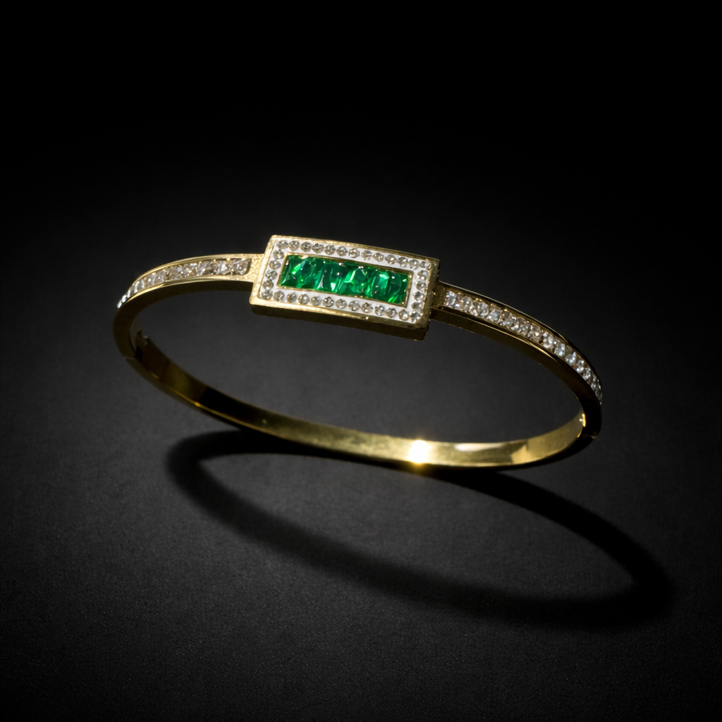 Gold rectangle crystal bangle with emerald green stone for women luxury bracelet