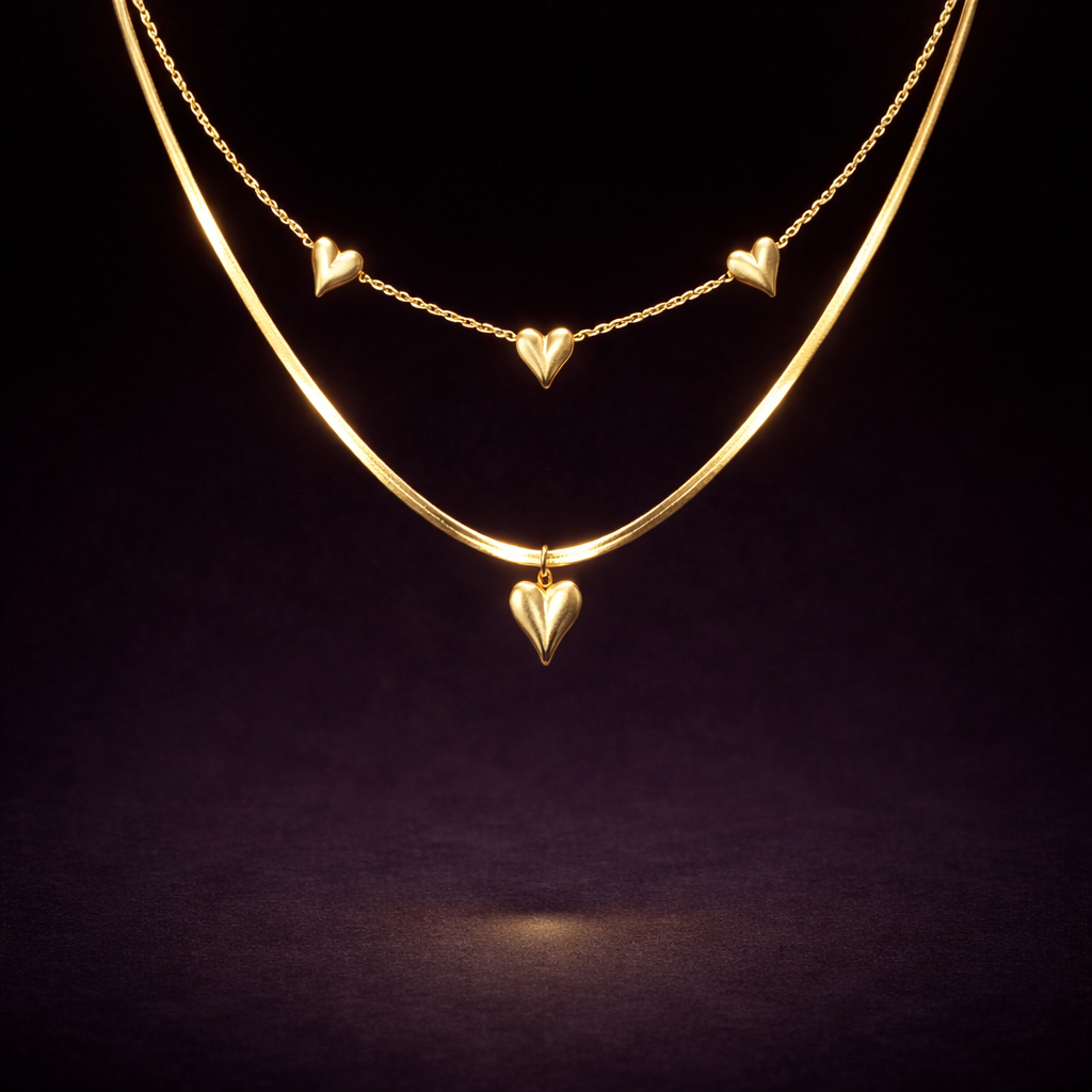 Gold layered necklace with multiple heart charms and heart pendant