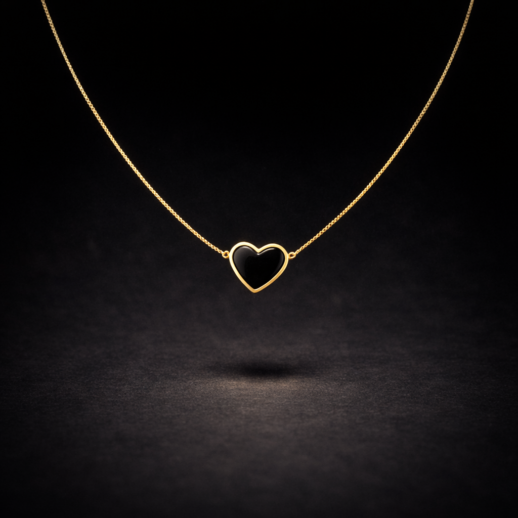 Gold Heart Necklace with Black Stone – Elegant Minimal Heart Pendant Necklace