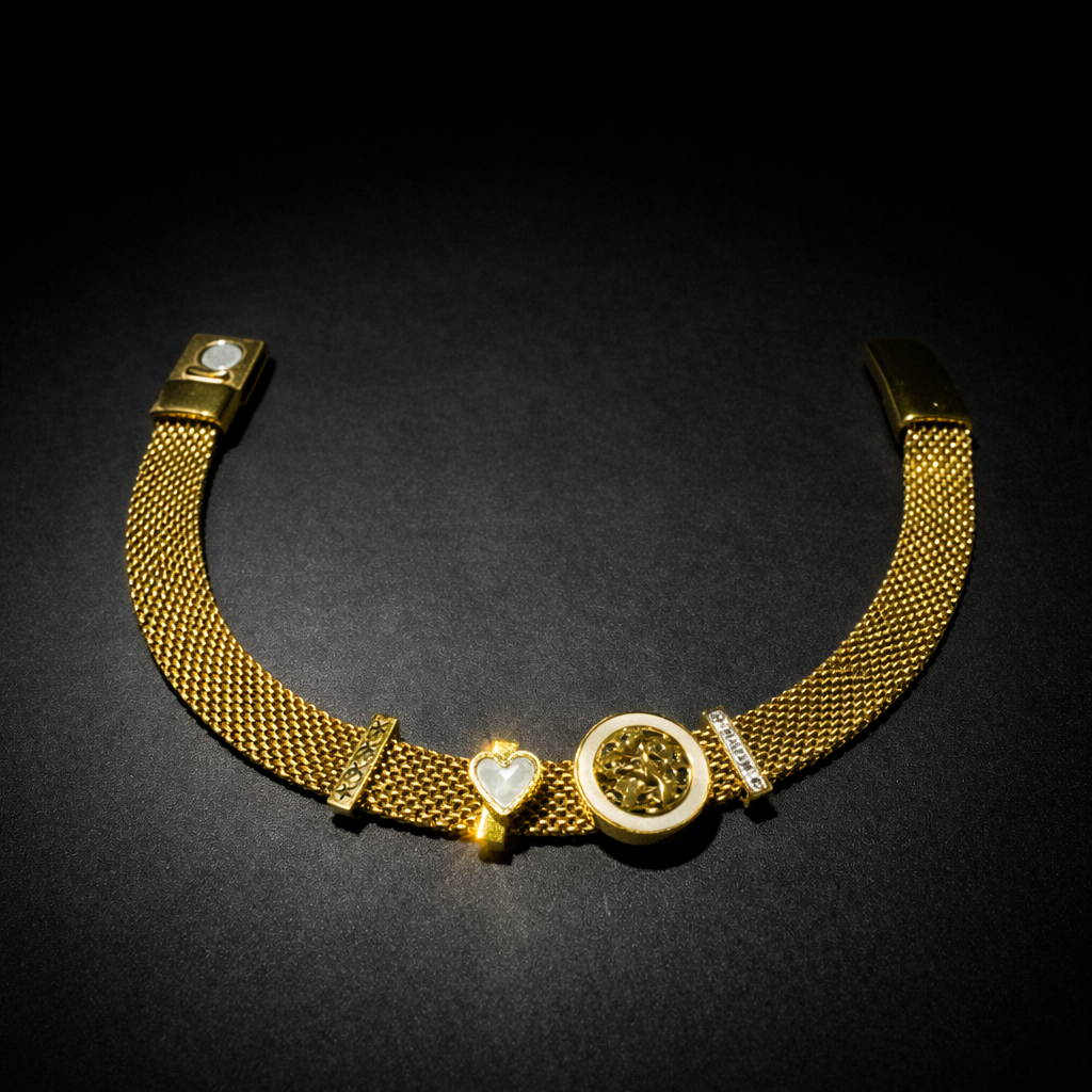 Gold mesh bracelet with pearl heart charm and crystal accents luxury designer bracelet for women