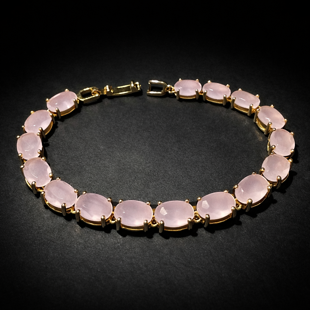 Gold tennis bracelet with oval rose quartz pink stones for women