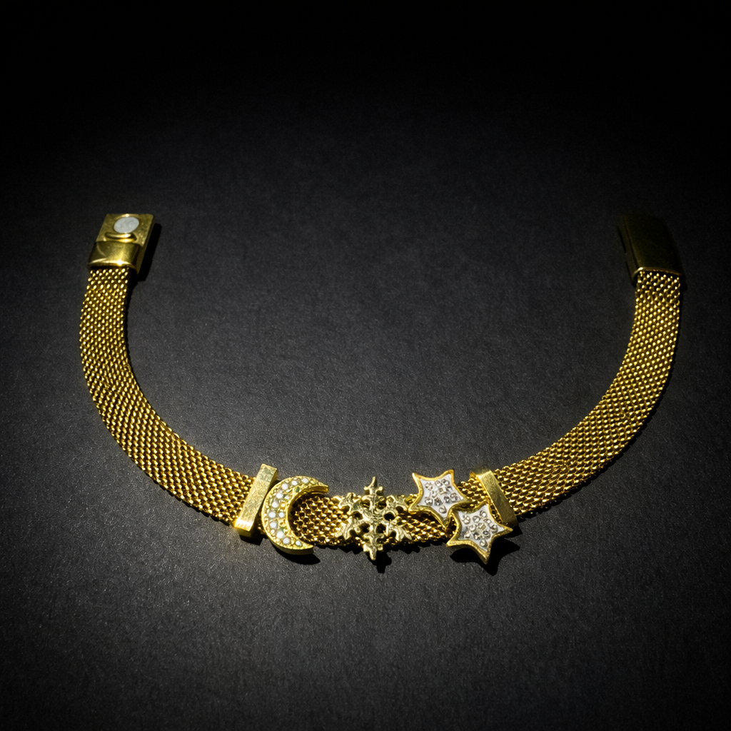 Gold mesh bracelet with moon and star crystal charms luxury celestial designer bracelet for women