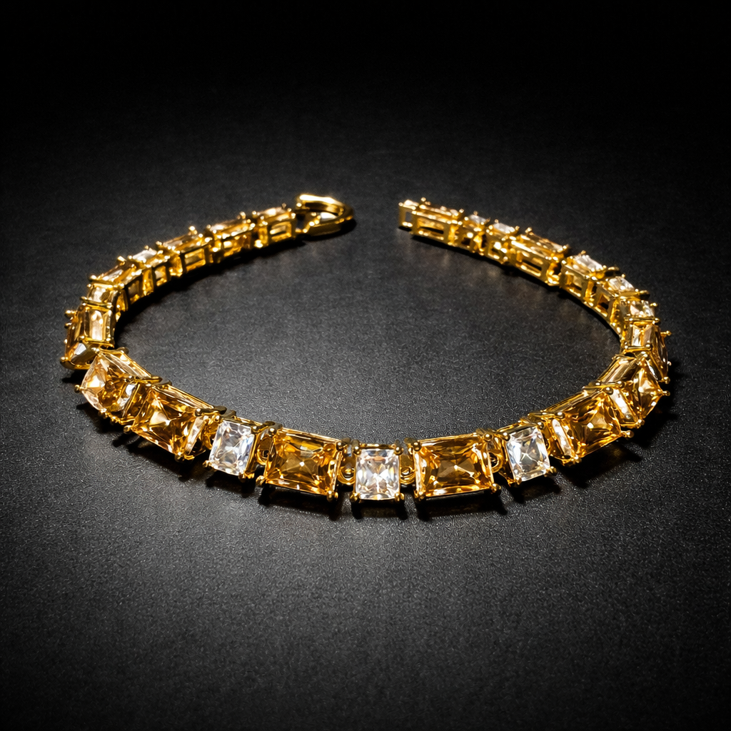 Gold two tone princess cut tennis bracelet with champagne and clear crystals luxury women jewellery
