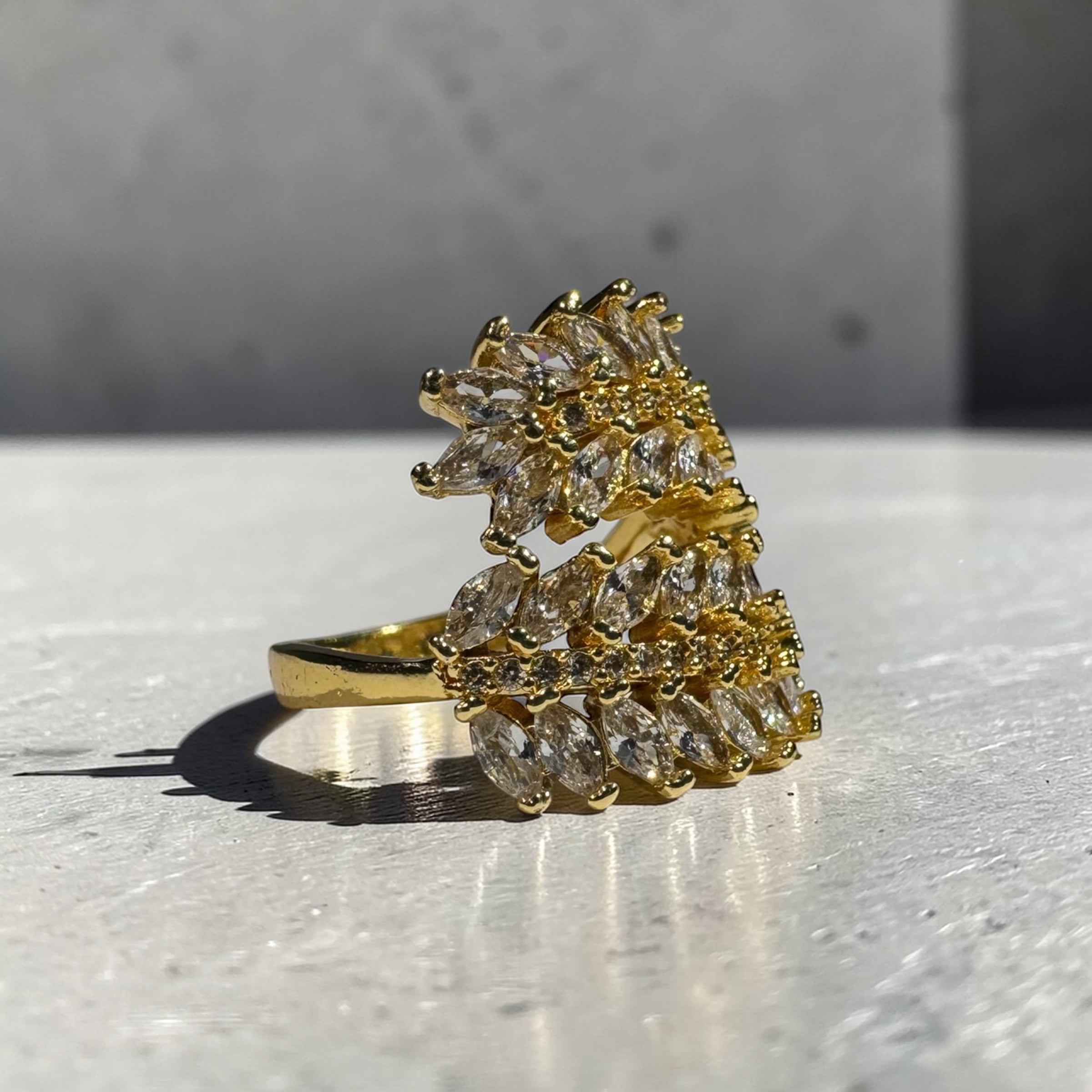 Gold stainless steel adjustable marquise zircon floral statement ring for women Aura Collection
