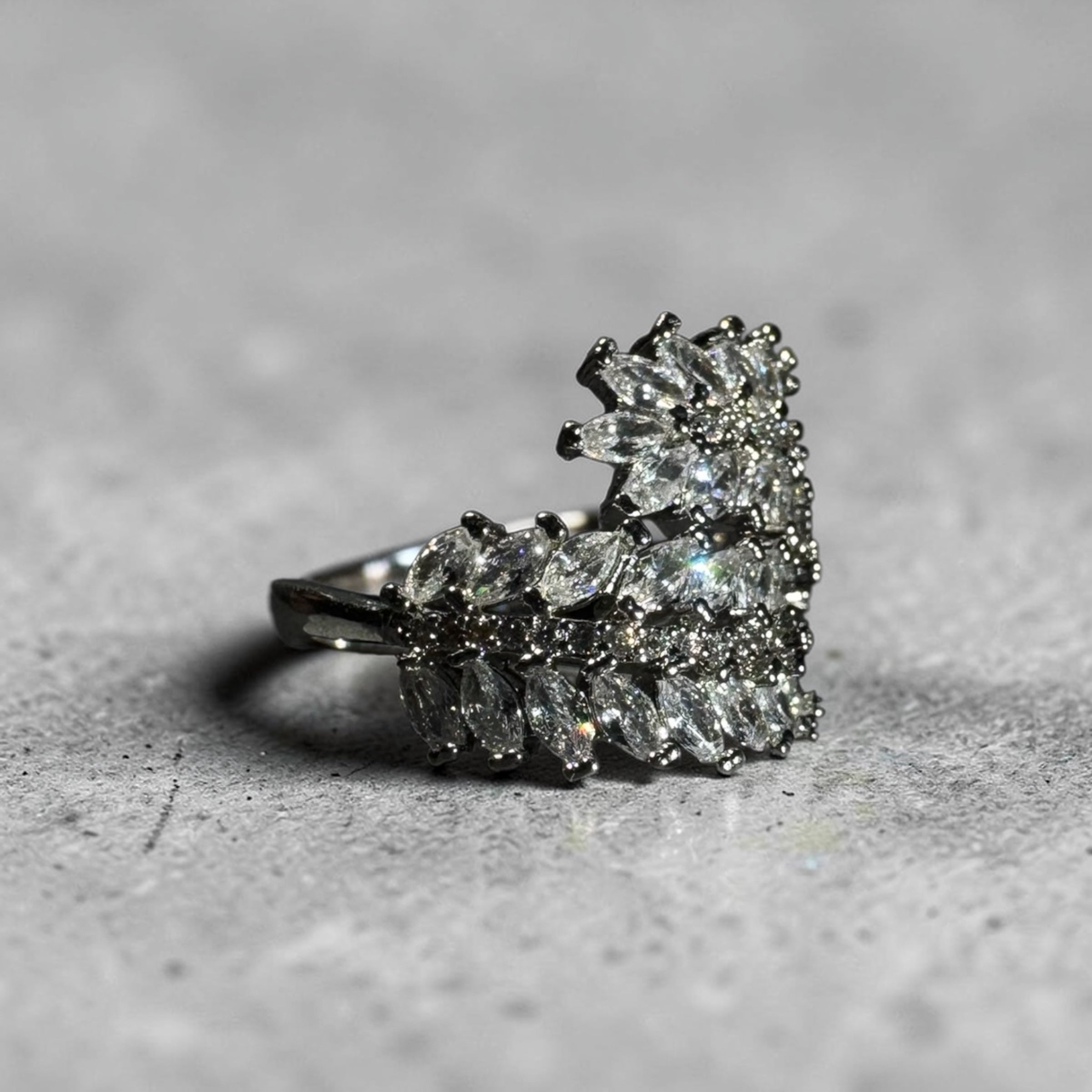 Silver stainless steel adjustable marquise zircon floral statement ring for women Aura Collection
