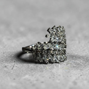 Silver stainless steel adjustable marquise zircon floral statement ring for women Aura Collection
