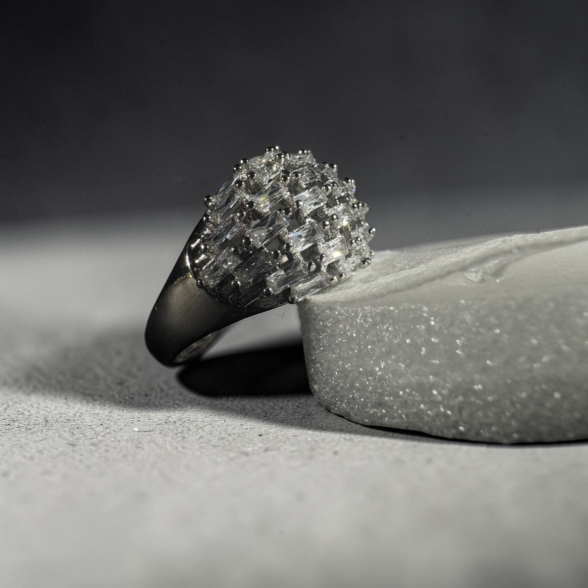 Silver stainless steel adjustable baguette zircon cocktail statement ring for women luxury jewellery Aura Collection
