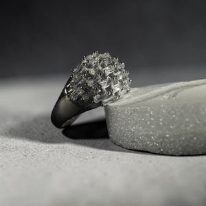 Silver stainless steel adjustable baguette zircon cocktail statement ring for women luxury jewellery Aura Collection
