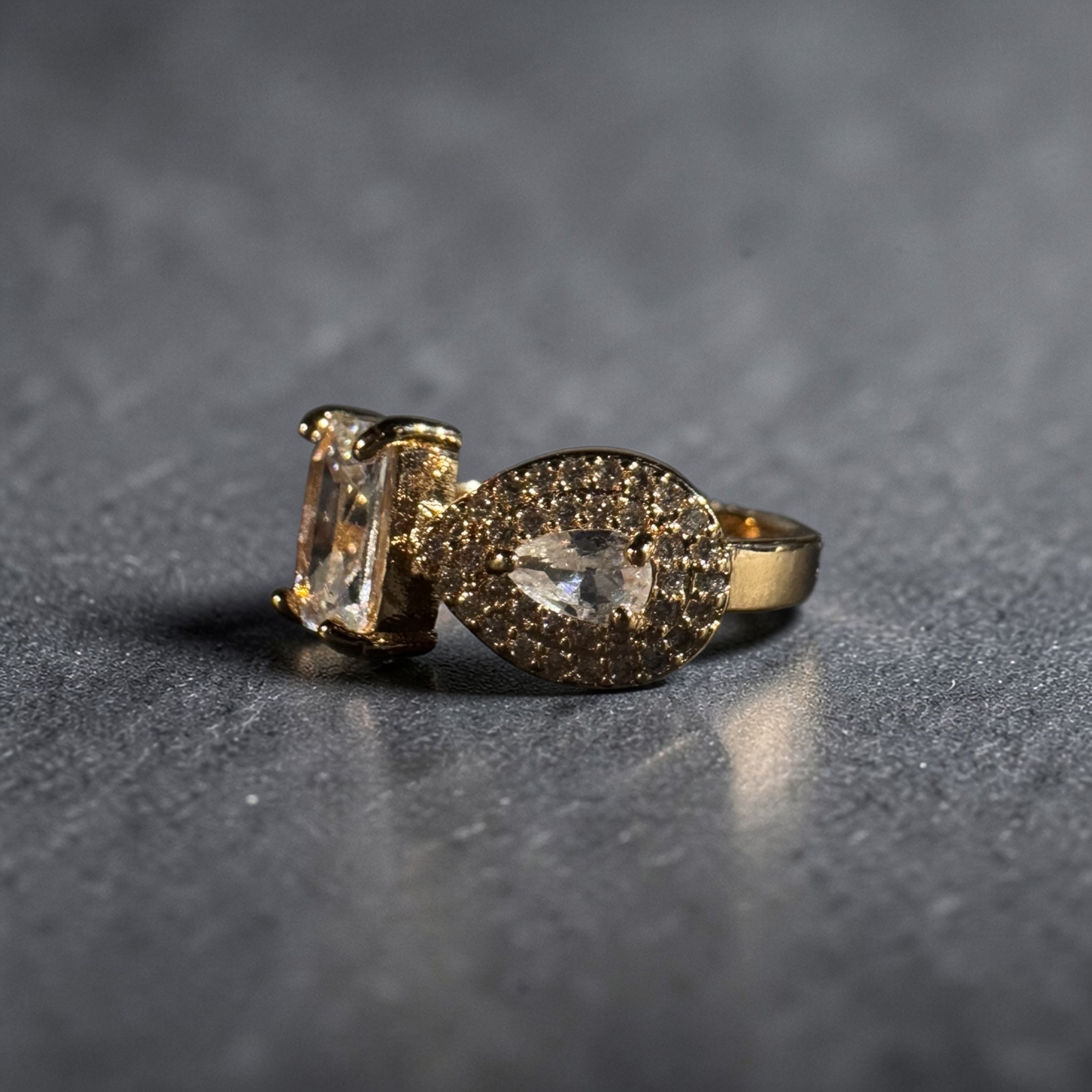 Gold stainless steel adjustable double zircon statement ring for women luxury jewellery Aura Collection