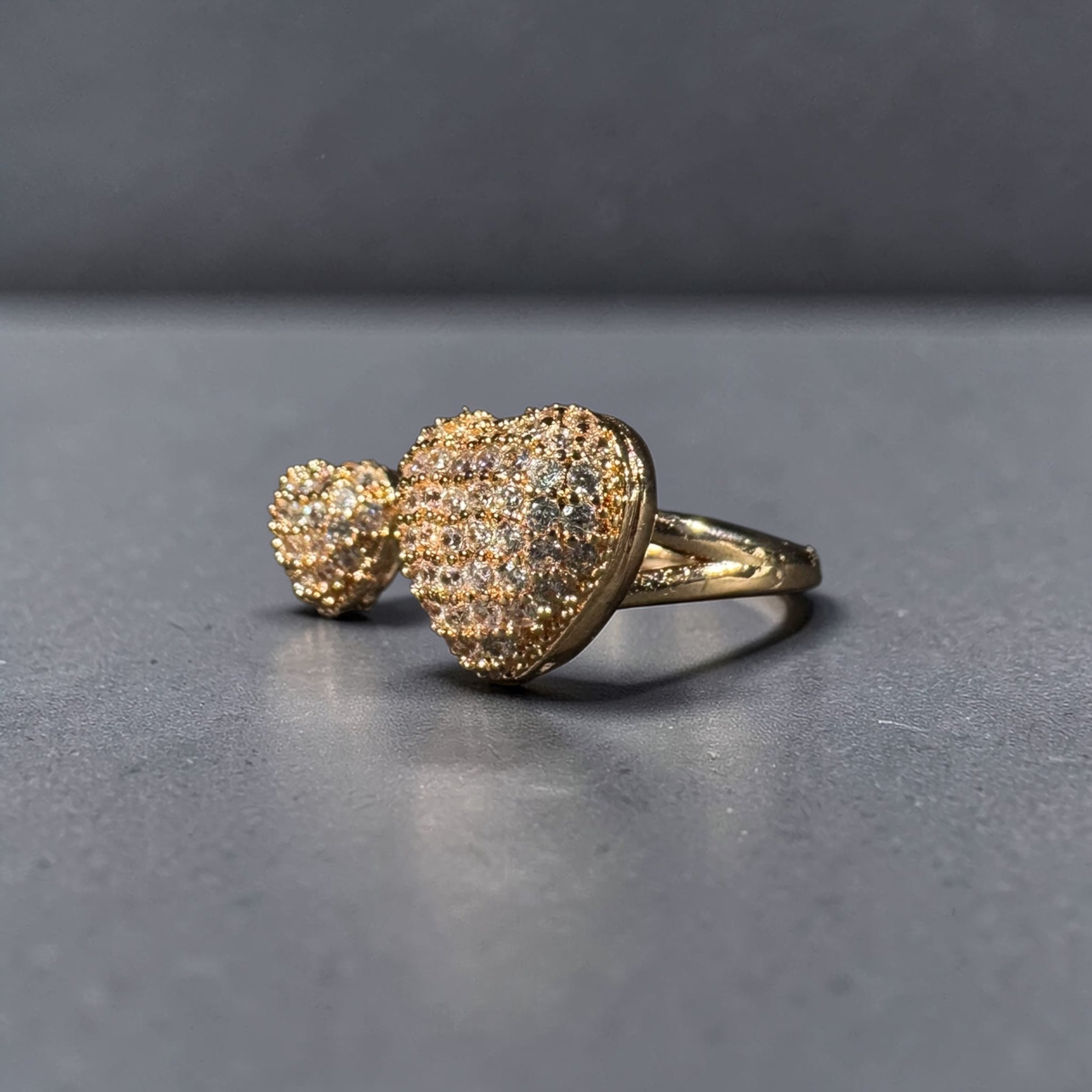 Gold stainless steel double heart zircon adjustable ring for women romantic luxury jewellery Aura Collection