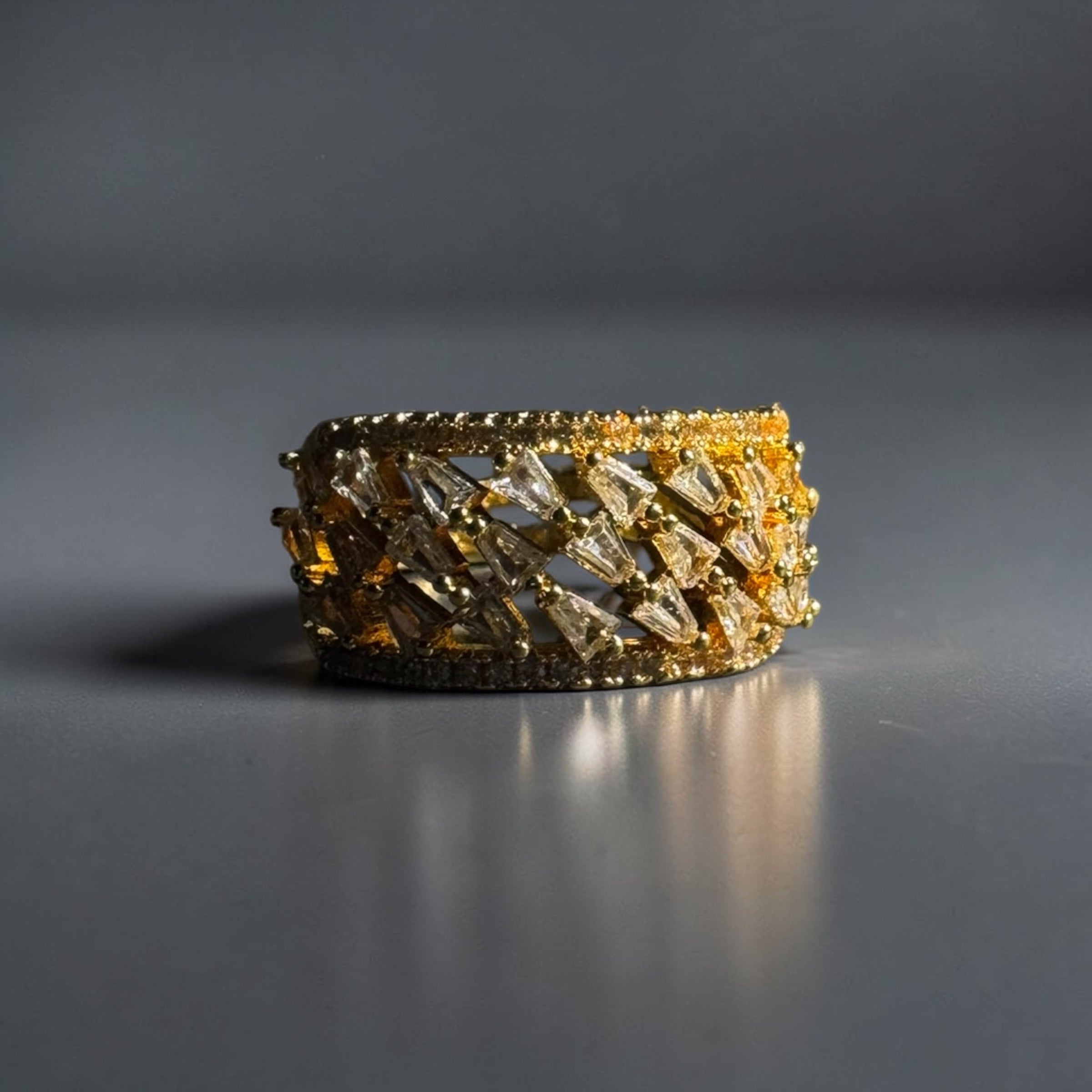 Gold stainless steel adjustable starburst zircon designer statement ring for women luxury jewellery Aura Collection