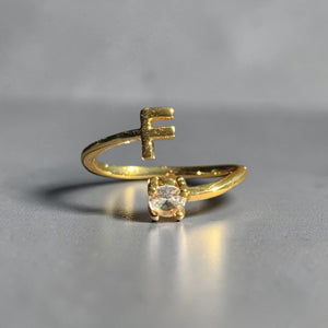 Gold stainless steel adjustable alphabet initial zircon ring for women personalized jewellery Aura Collection