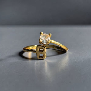 Gold stainless steel adjustable alphabet initial zircon ring for women personalized jewellery Aura Collection