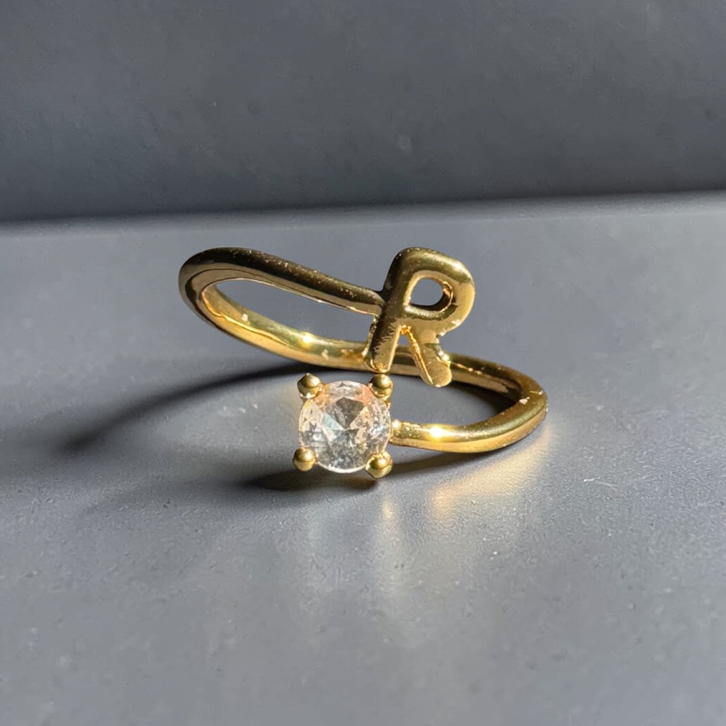Gold stainless steel adjustable alphabet initial zircon ring for women personalized jewellery Aura Collection