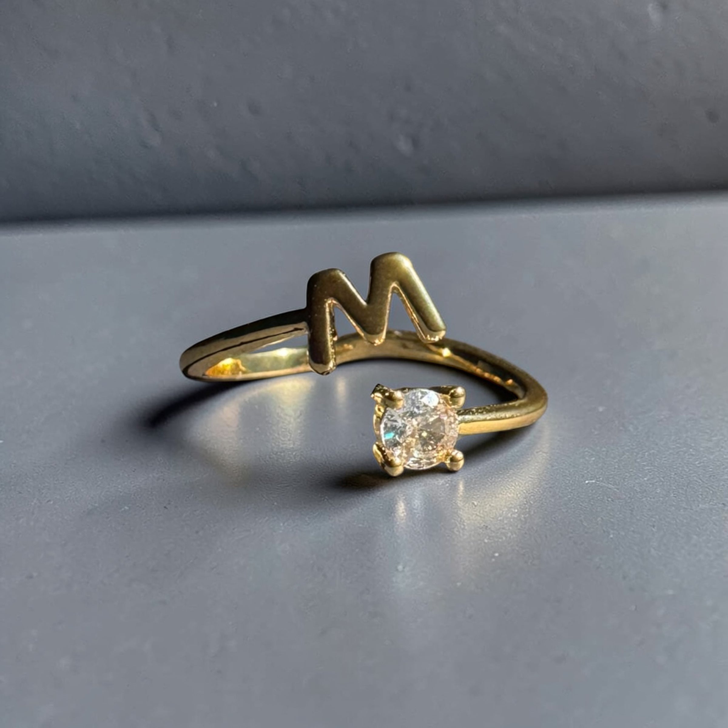 Gold stainless steel adjustable alphabet initial zircon ring for women personalized jewellery Aura Collection