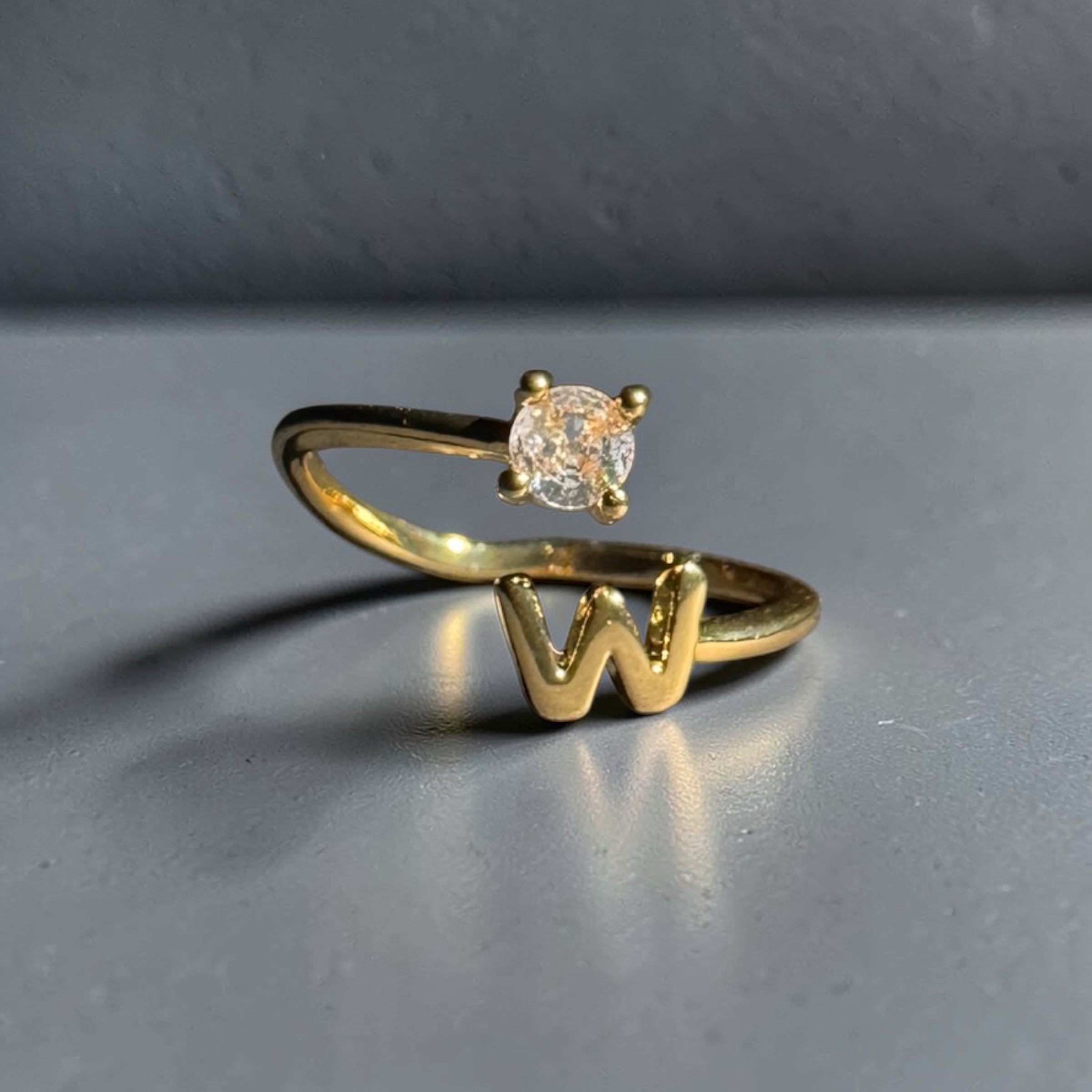 Gold stainless steel adjustable alphabet initial zircon ring for women personalized jewellery Aura Collection