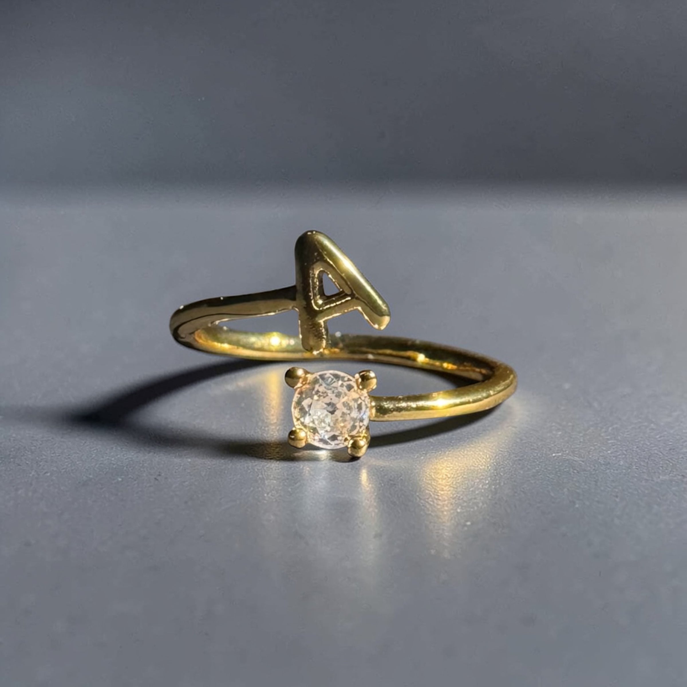 Gold stainless steel adjustable alphabet initial zircon ring for women personalized jewellery Aura Collection