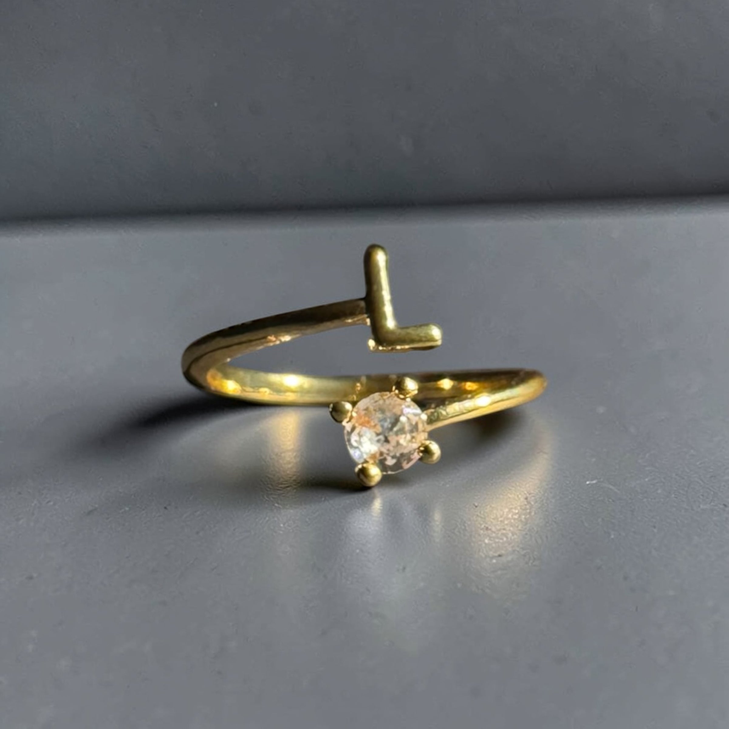 Gold stainless steel adjustable alphabet initial zircon ring for women personalized jewellery Aura Collection