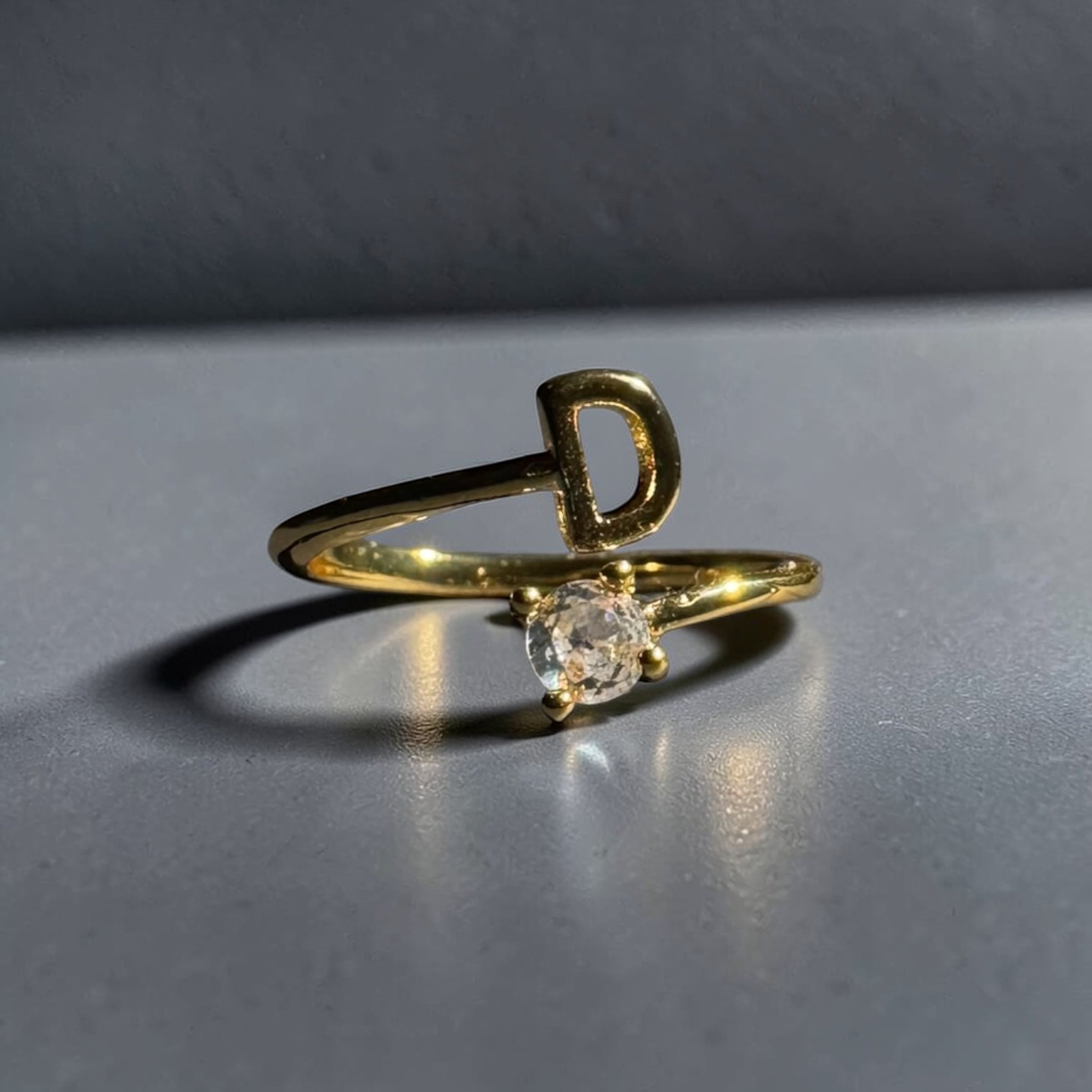 Gold stainless steel adjustable alphabet initial zircon ring for women personalized jewellery Aura Collection