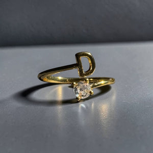 Gold stainless steel adjustable alphabet initial zircon ring for women personalized jewellery Aura Collection