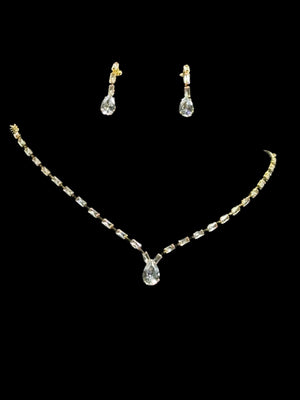 Gold crystal necklace and earrings set with clear crystal teardrop pendant