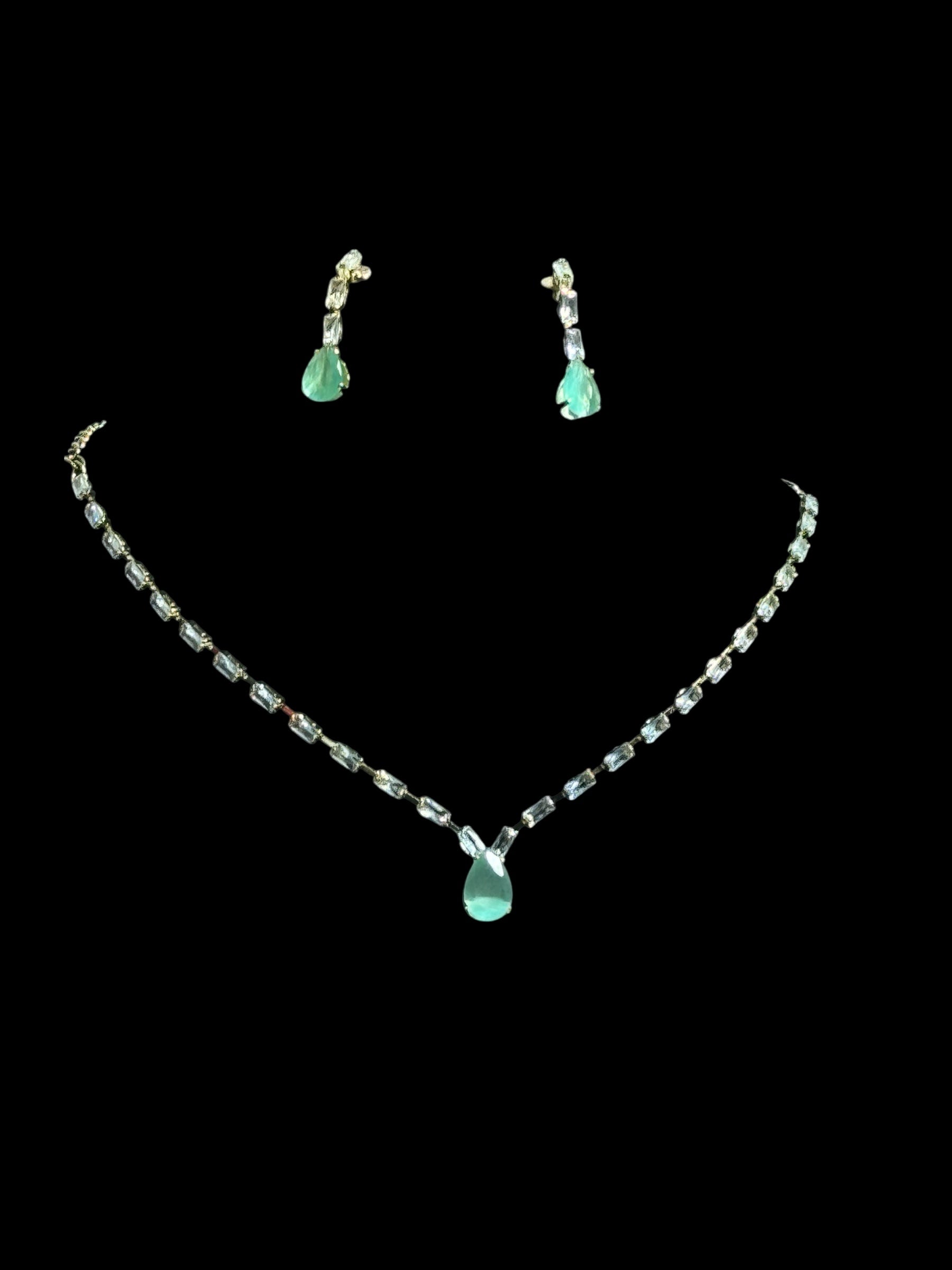 Gold crystal necklace and earrings set with green teardrop pendant